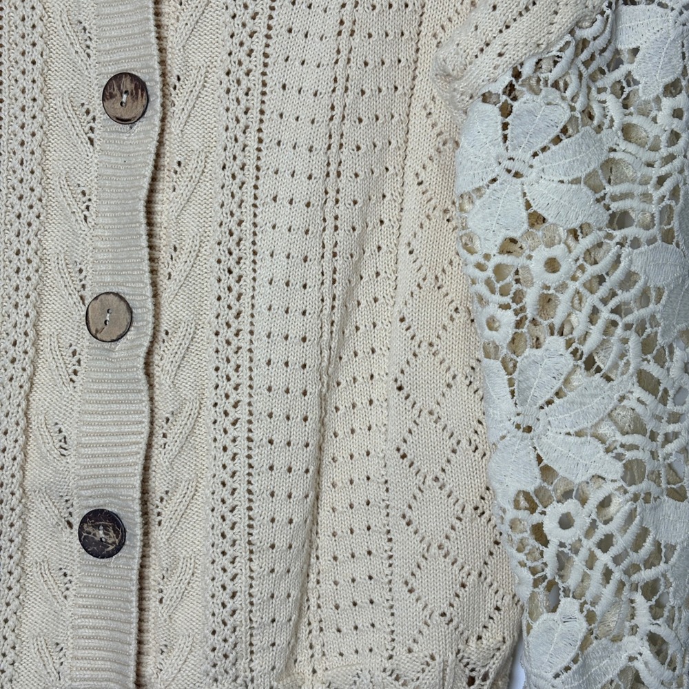 Pointelle Cardigan Women Medium Beige Lace Sleeve Button Front Knit - Picture 4 of 6